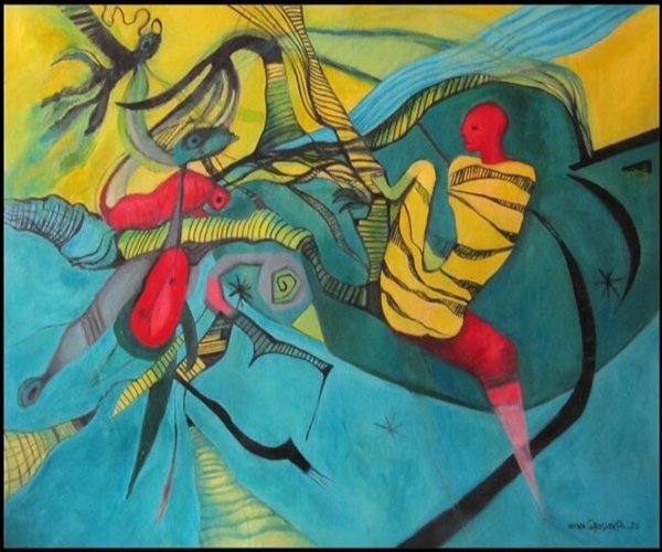 Acrylic painting on canvas titled , The Journey, is a contemporary figurative art.