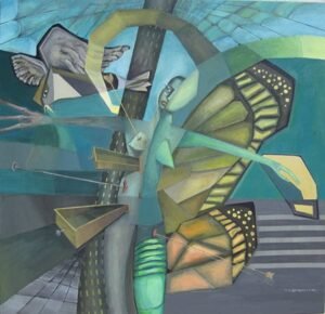 A surrealist acrylic painting executing on canvas titled by The Cocoon Woman