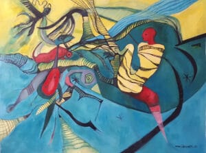 Acrylic painting on canvas titled , The Journey, is a contemporary figurative art. by the artist Zena Ghossoub