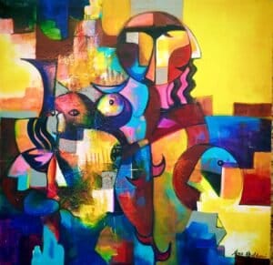 Artist Alaa Albaldawi Size: 70x70 cm Price: 3500 Type of materials: Acrylic colors with oil colors on canvas/expressive cubism Working title: The Third Eye / 2021