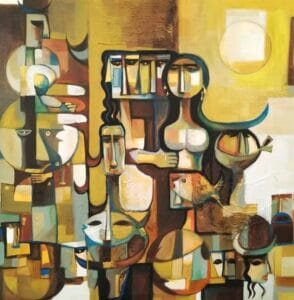 Artist Alaa Albaldawi Size 70x70 cm; Type of materials: acrylic colors with oil colors on canvas symbolic cubism Work title The Glory of the Earth, 2026.
