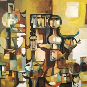 Artist Alaa Albaldawi Size 70x70 cm; Type of materials: acrylic colors with oil colors on canvas symbolic cubism Work title The Glory of the Earth, 2026.