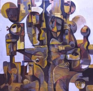 Artist Alaa Albaldawi Size: 70x70 cm Price: 4000 Type of materials: Acrylic colors with oil colors on canvas/figurative cubism Working title: The Spectrum of Silence / 2025