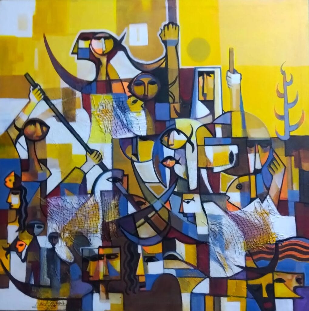 The Face of a Fish by Alaa Albaldawi, mixed medium acrylic & oil on canvas, size 90 x 90cm, year 2026
