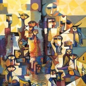 Alaa Albaldawi Size 90 x 90cm Title: Wondering Eyes Type of materials: acrylic colors with oil colors on canvas/symbolic cubism Executed in 2026