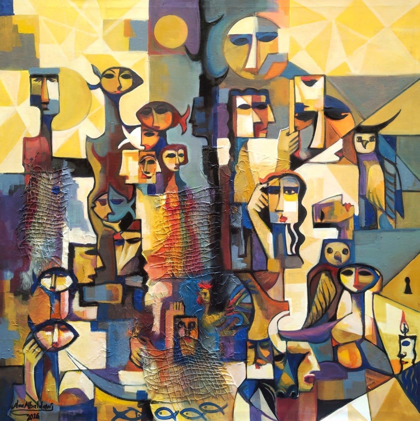Alaa Albaldawi Size 90 x 90cm Title: Wondering Eyes Type of materials: acrylic colors with oil colors on canvas/symbolic cubism Executed in 2026